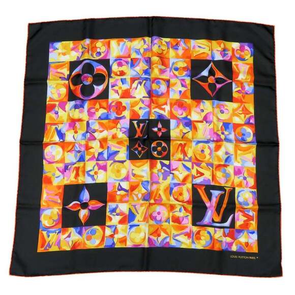Louis Vuitton Scarf/Muffler Silk Black Orange Multicolor Monogram Women's LOU...